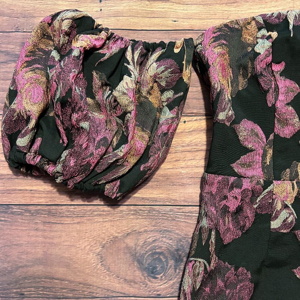 Lulus Off-the-Shoulder Floral Brocade Mini Dress - Black & Pink - Size S - Picture 10 of 16